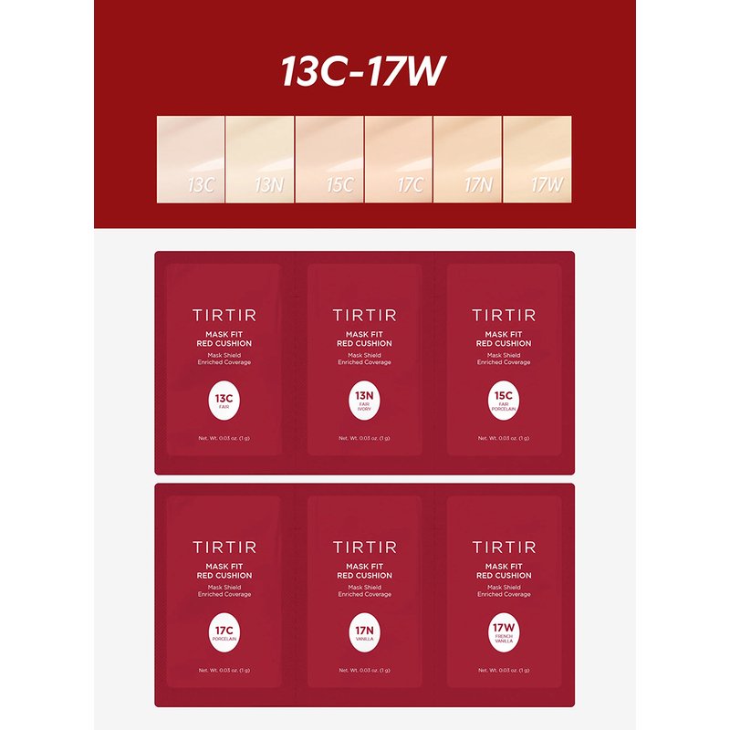 TIRTIR Mask Fit Red Red Cushion Foundation 9 Colors 17C; 21N; 21W; 23N; 24N; 24W; 25N; 27N; 29N – 9 spalvų mėginukų rinkinys