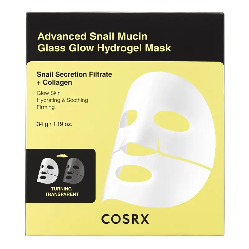 CosRX Advanced Snail Mucin Glass Glow Hydrogel Mask – hydrogelio veido kaukė su sraigių mucinu