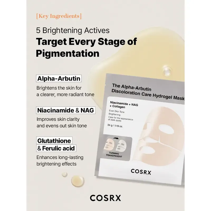 CosRX The Alpha-Arbutin Discoloration Care Hydrogel Mask – hydrogelio veido kaukė su alfa arbutinu 1
